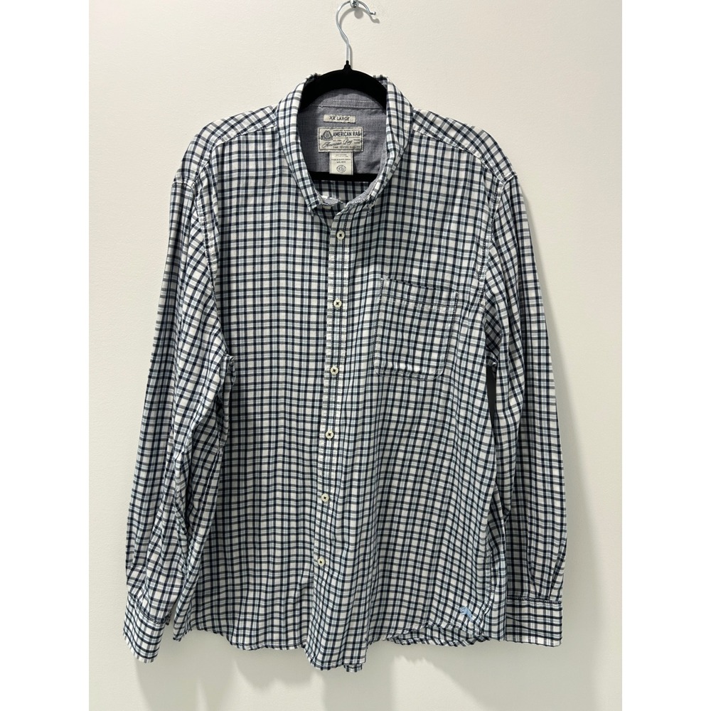 American Rag Mens XX Large Blue White Plaid Long Sleeve Button Down Shirt XXL